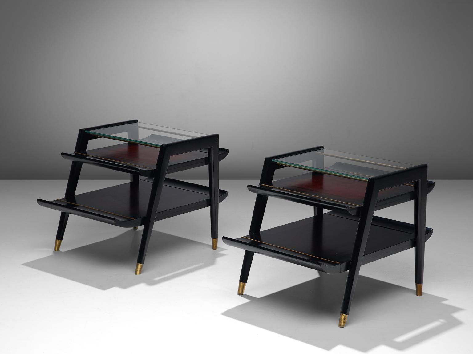 Mid-Century Modern Ebonized Side Tables with Brass Feet