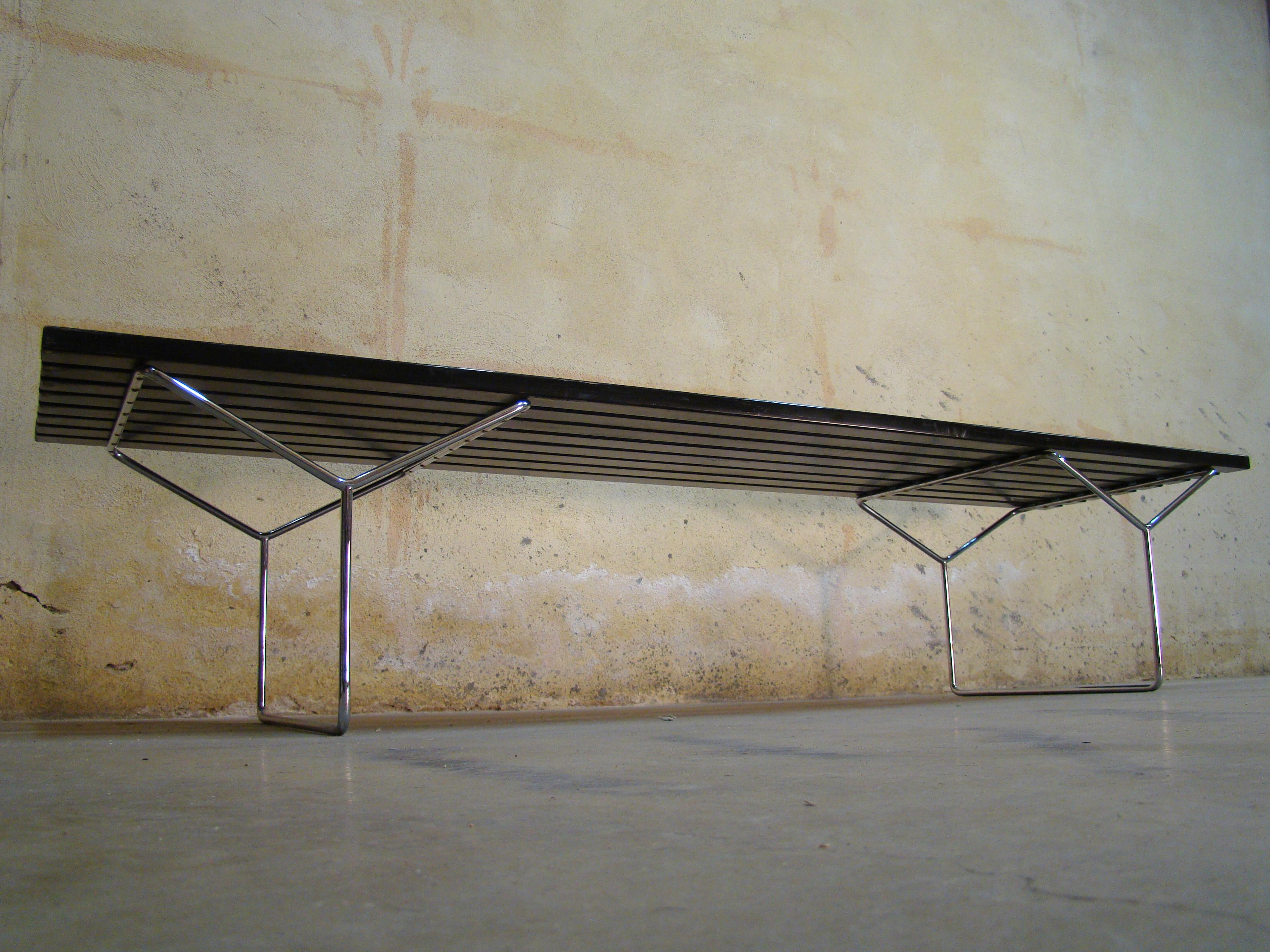 Mid-Century Modern Ebonized Slat Wood Bench with Chrome Legs by Harry Bertoia for Knoll USA