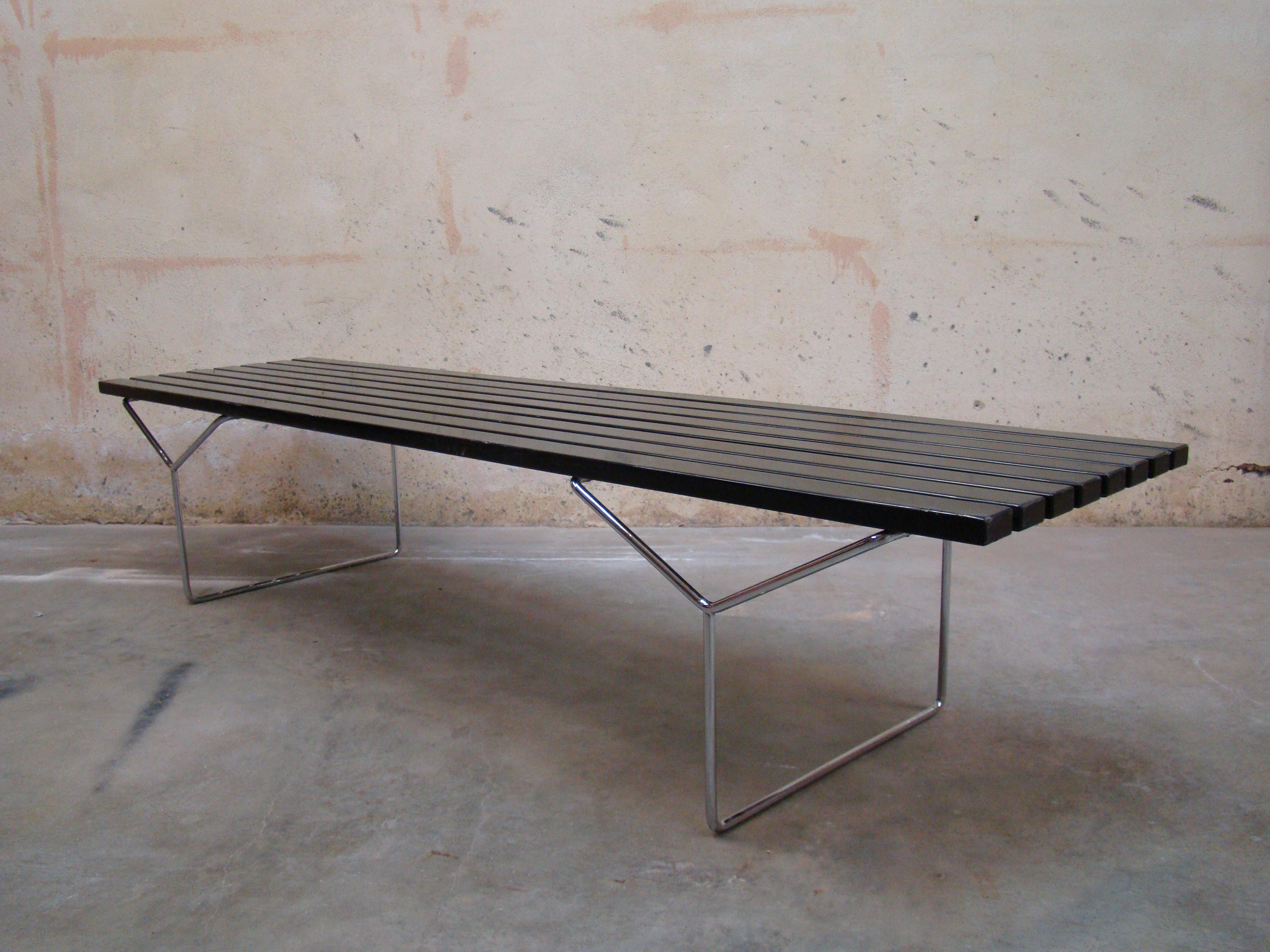 American Ebonized Slat Wood Bench with Chrome Legs by Harry Bertoia for Knoll USA