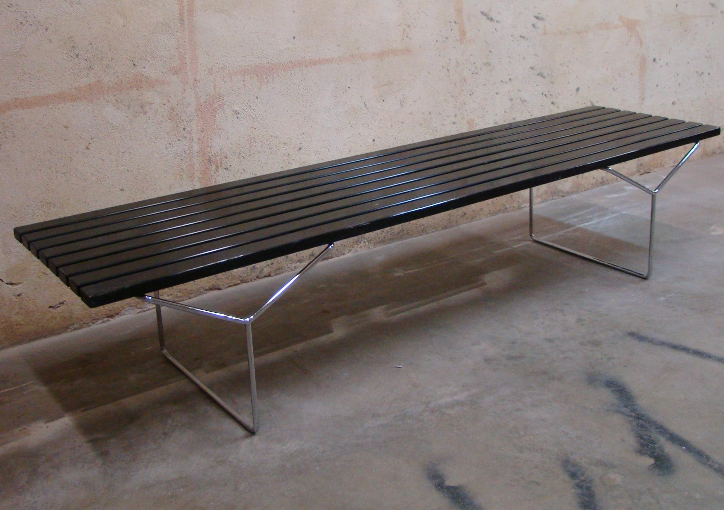 Ebonized Slat Wood Bench with Chrome Legs by Harry Bertoia for Knoll USA In Fair Condition In Denver, CO