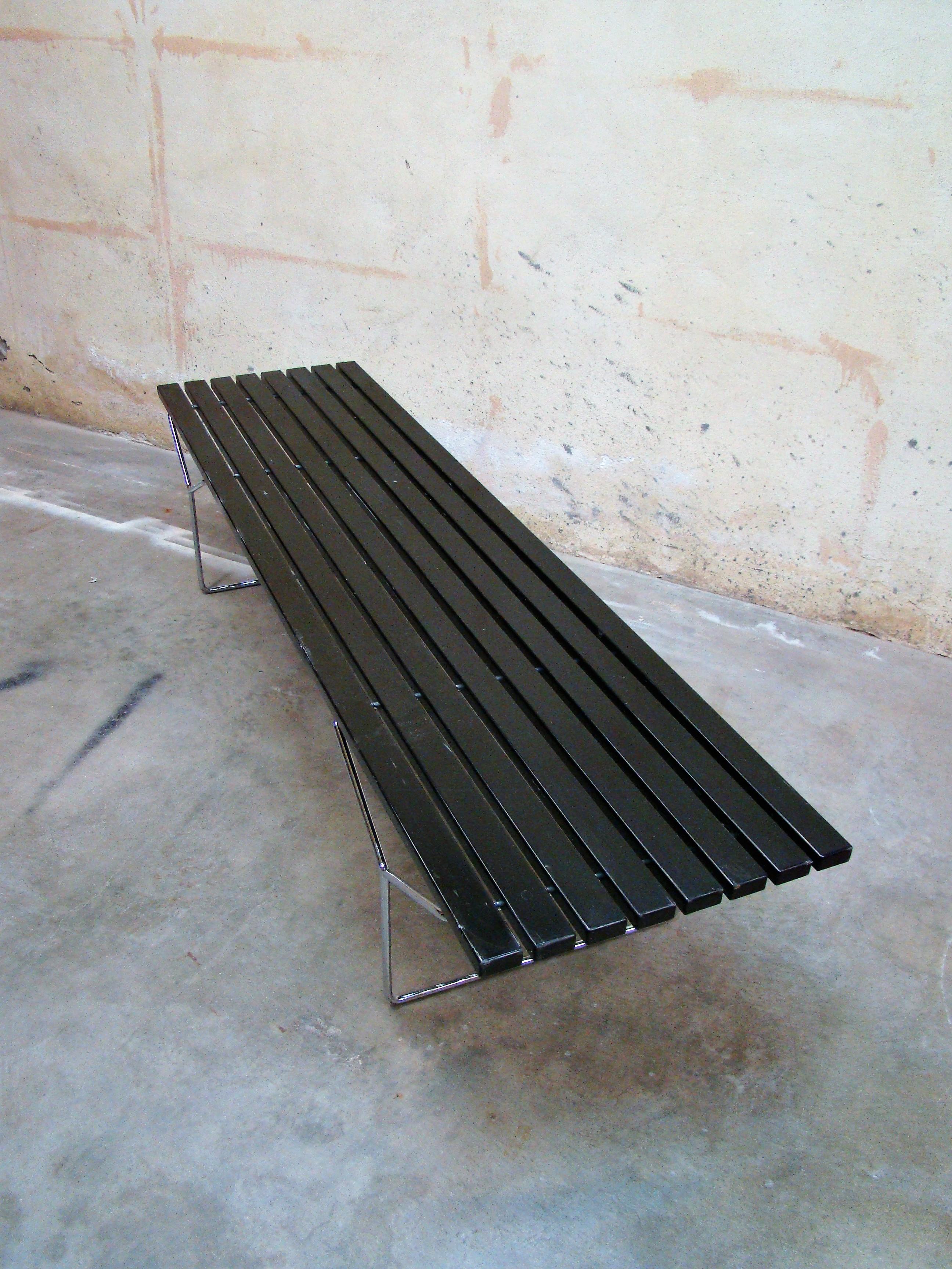 20th Century Ebonized Slat Wood Bench with Chrome Legs by Harry Bertoia for Knoll USA