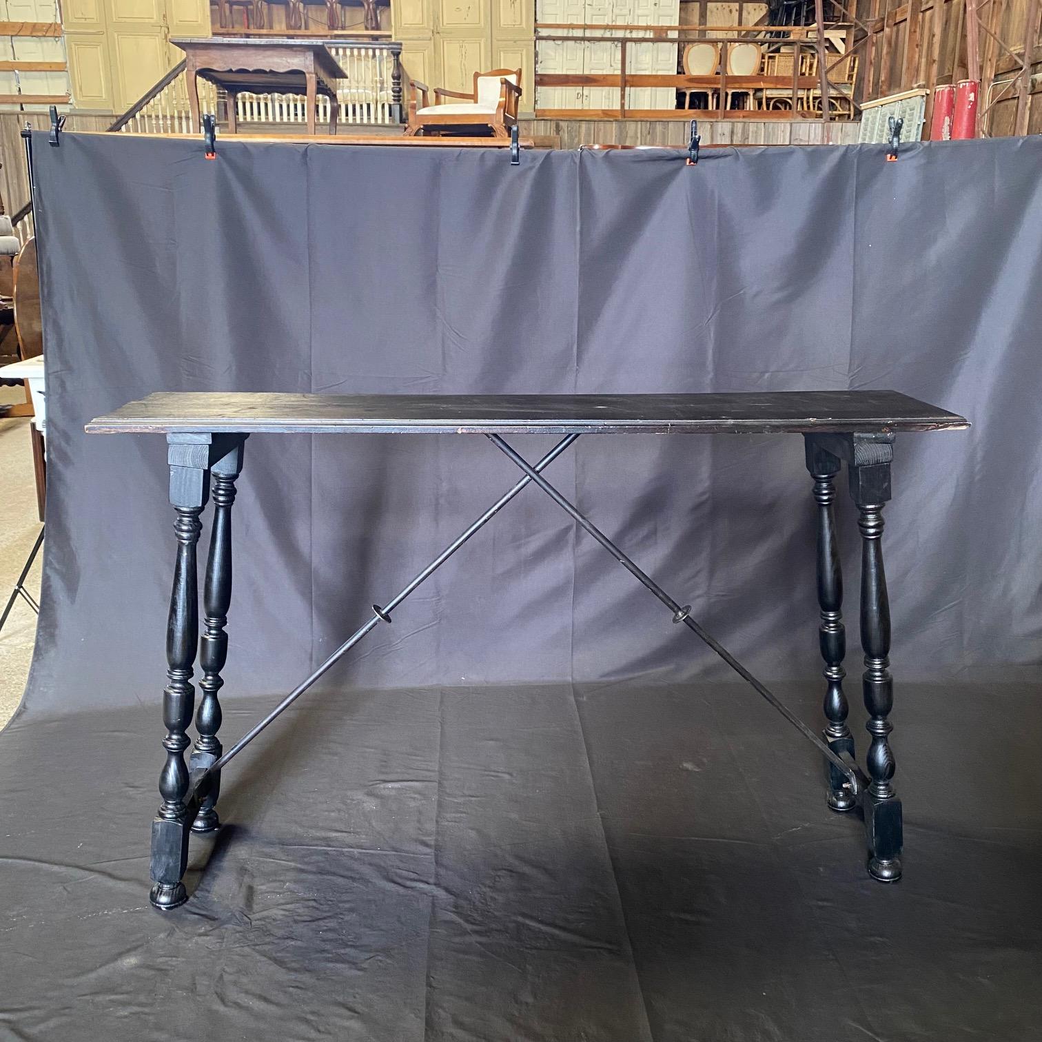 Ebonized Spanish Console Table with Iron Stretcher 7