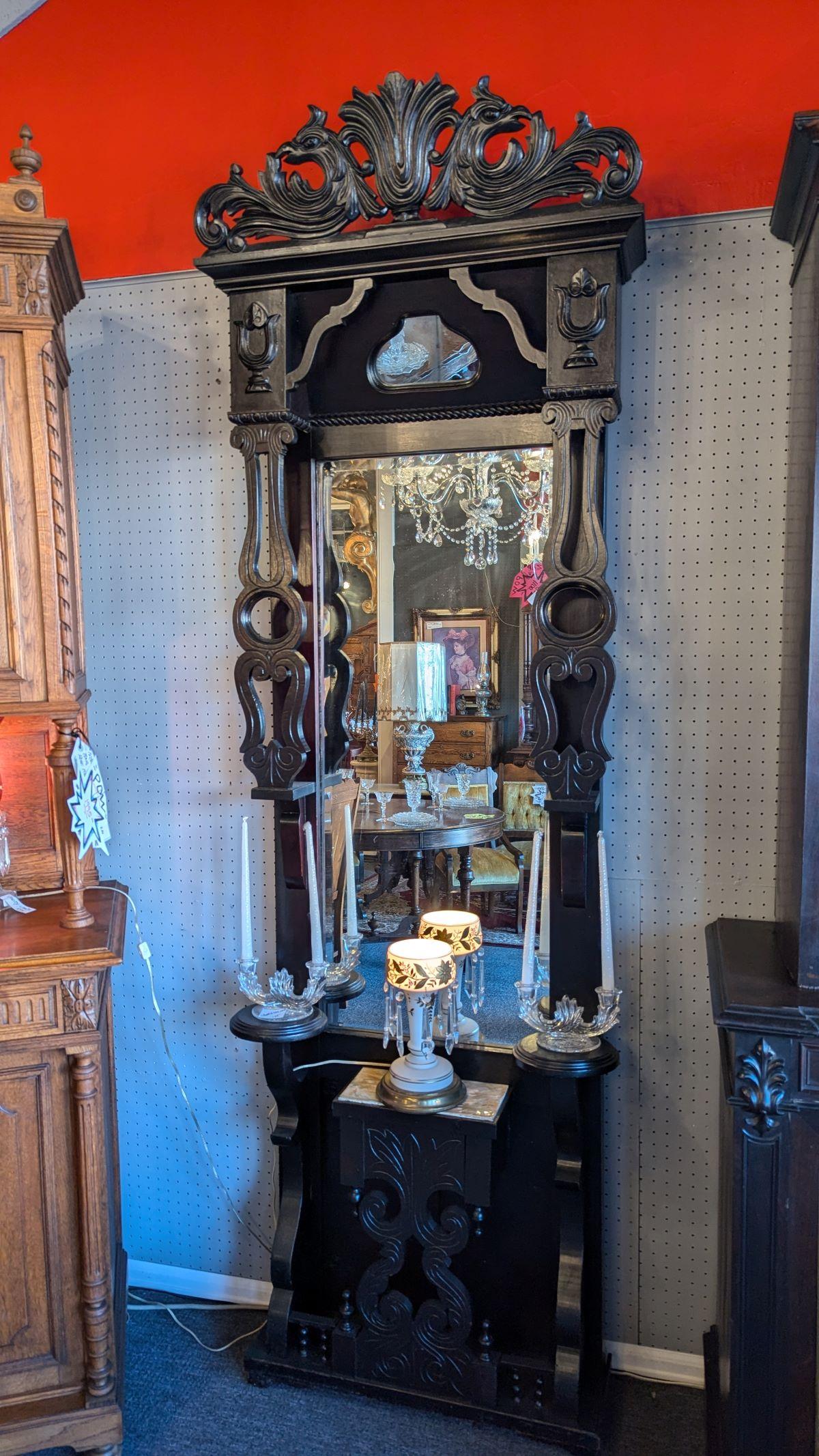Early Victorian ebonized floor standing pier mirror, all original, very light patina to large mirror, lots of patina to small angled top mirror.  Umbrella/cane area with tile shelf inserts, luster stands, candle stands, carvings and decorative work,
