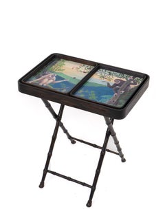 Ebonized Teak Butlers’ Tray, Nesting Trays Folding Base with Faux Bamboo Carving