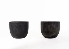 Ebonized Teak Drum Style End Table with Incised Circle Design