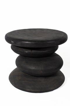 Ebonized Teak Drum Style End Table with off Set Circle Design