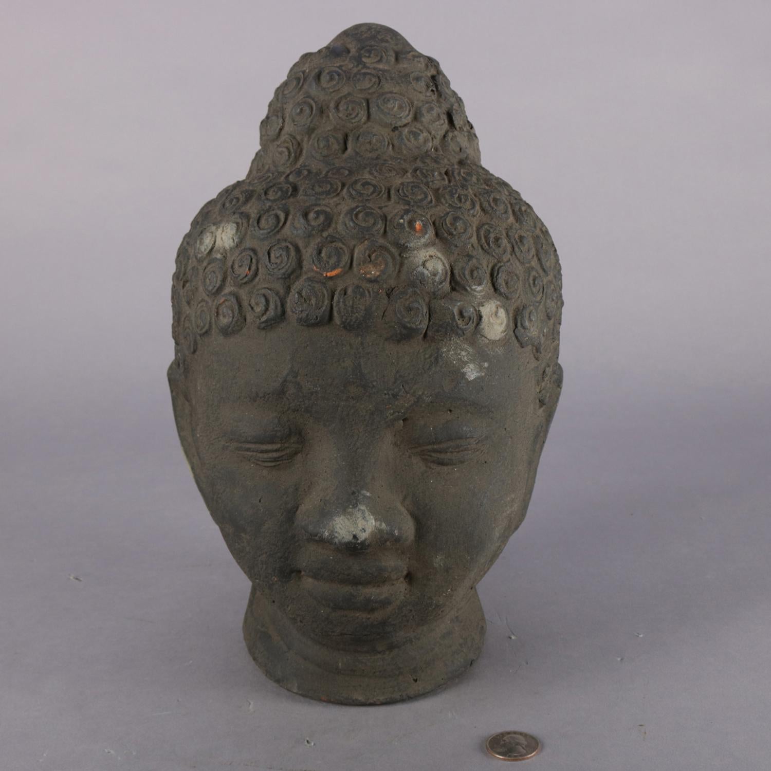 Ebonized Terracotta Meditating Shakyamuni Buddha Head Statue, 20th Century 6
