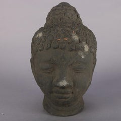 Ebonized Terracotta Meditating Shakyamuni Buddha Head Statue, 20th Century