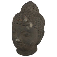 Ebonized Terracotta Meditating Shakyamuni Buddha Head Statue, 20th Century