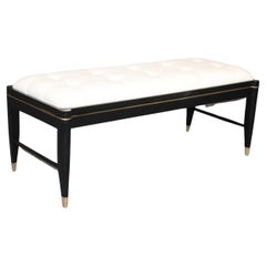 Ebonized Tufted Tommi Parzinger Style Brass Mounted Window Bench Ottoman