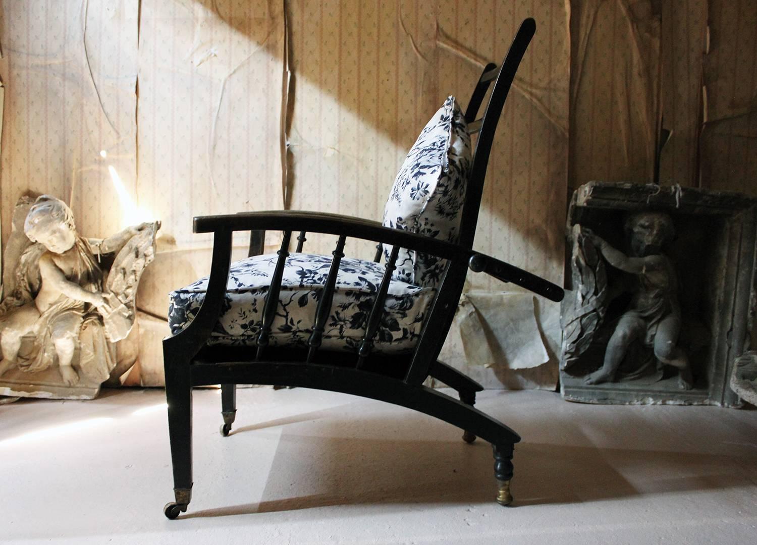 Late 19th Century Ebonized & Upholstered Philip Webb for Morris & Co Reclining Armchair circa 1875