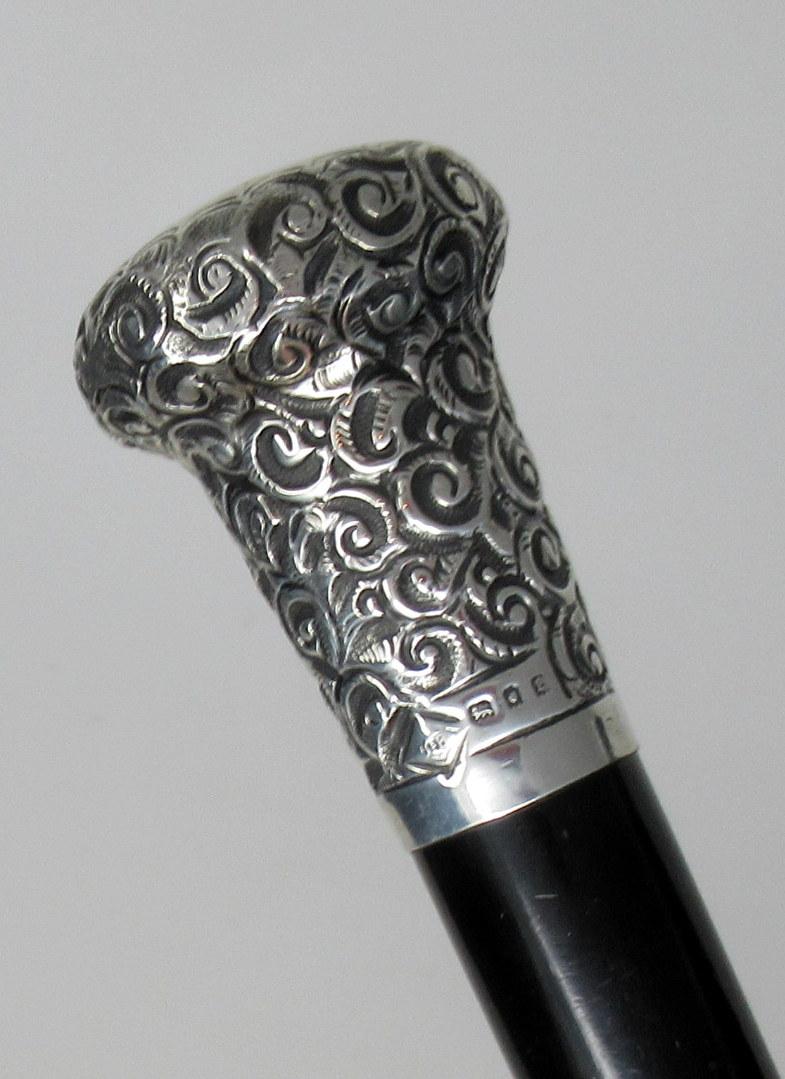 English Ebonized Walking Stick Cane Sterling Silver Handled Jonathan Howell London, 1920