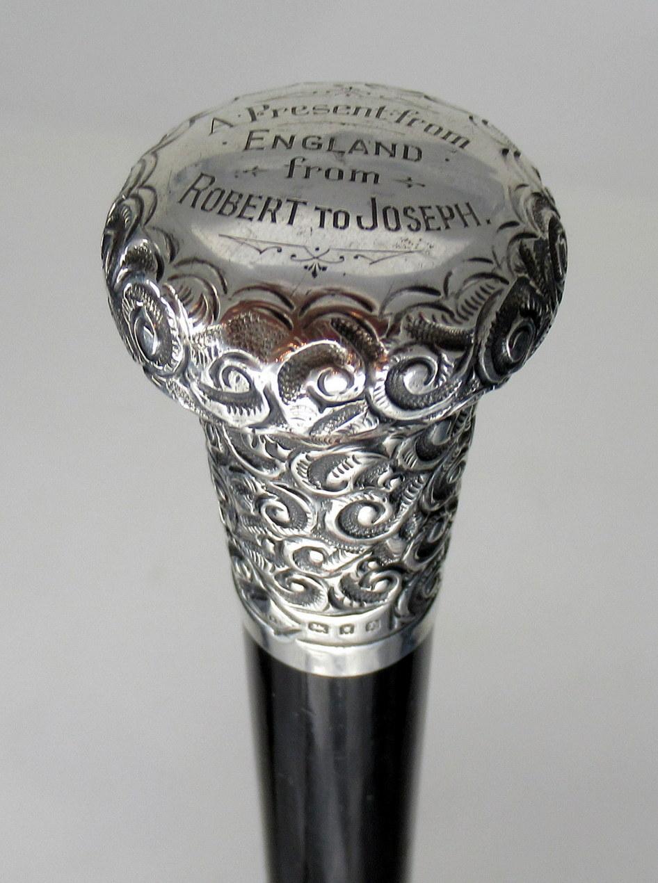 Embossed Ebonized Walking Stick Cane Sterling Silver Handled Jonathan Howell London, 1920