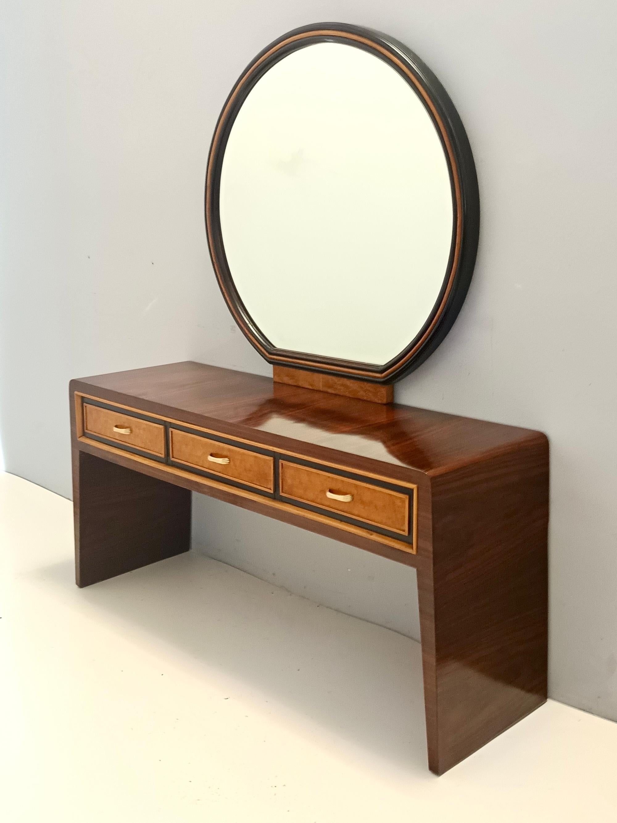Beveled Ebonized Walnut and Birch Vanity Table / Console with Mirror ascr. to Buffa For Sale