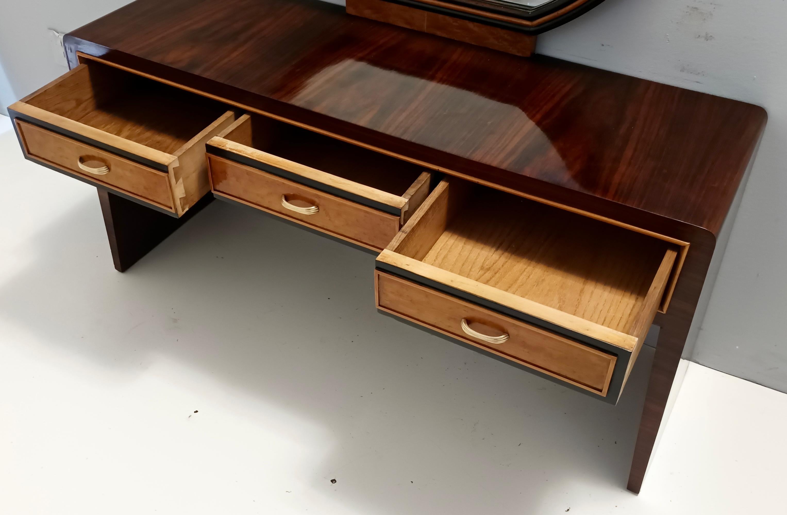 Brass Ebonized Walnut and Birch Vanity Table / Console with Mirror ascr. to Buffa For Sale