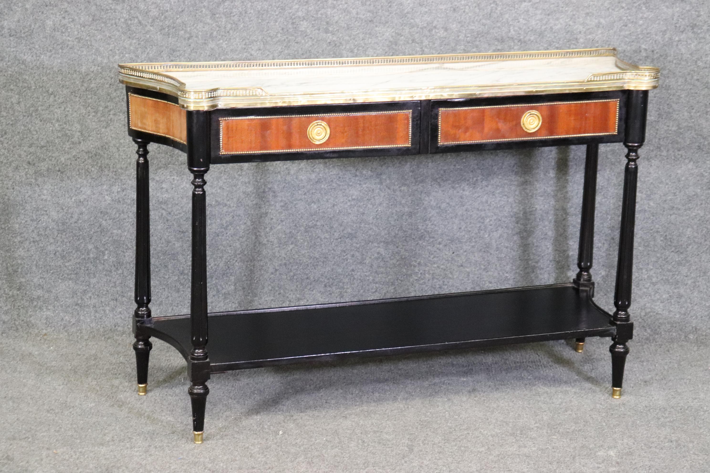 Mid-20th Century Ebonized Walnut Brass Trimmed French louis XVI Marble Top Console Table For Sale