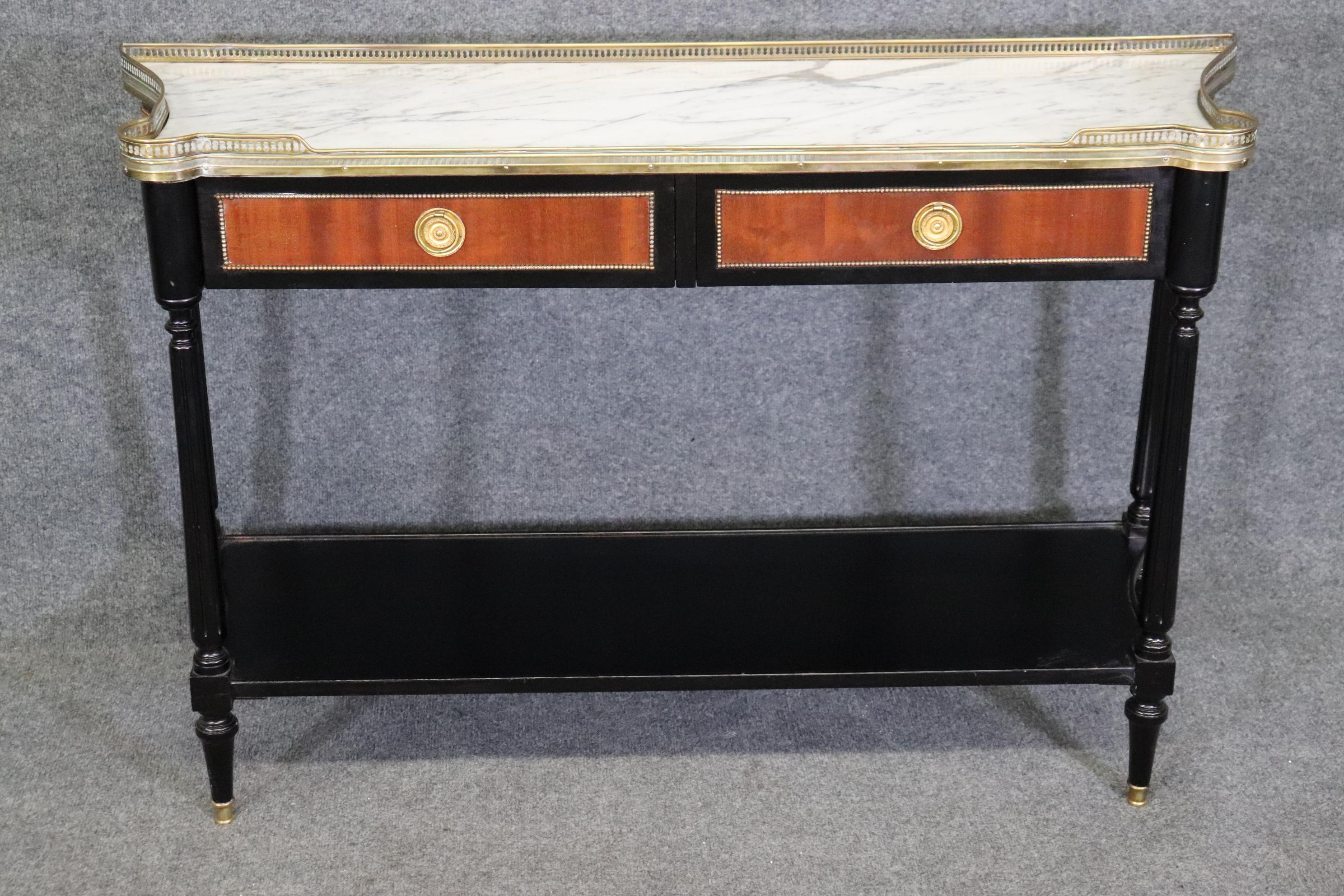Ebonized Walnut Brass Trimmed French louis XVI Marble Top Console Table For Sale 1