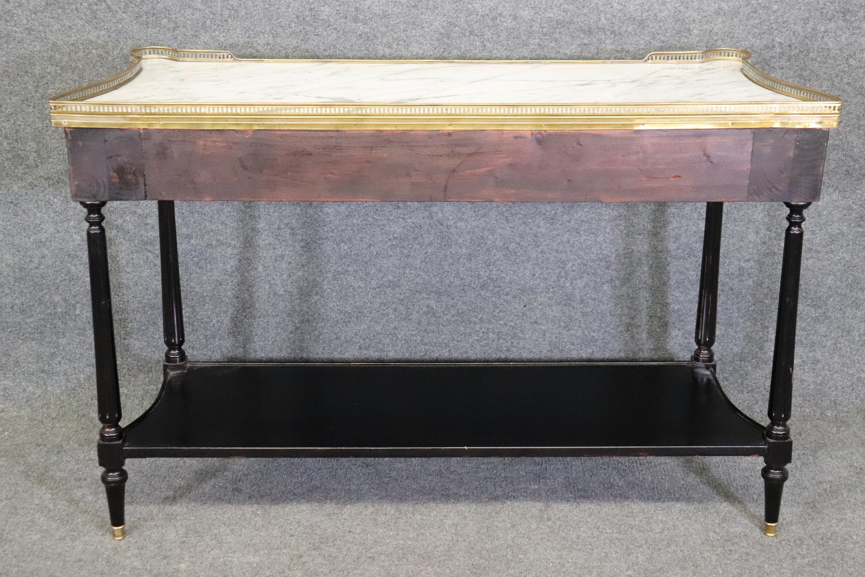 Ebonized Walnut Brass Trimmed French louis XVI Marble Top Console Table For Sale 3