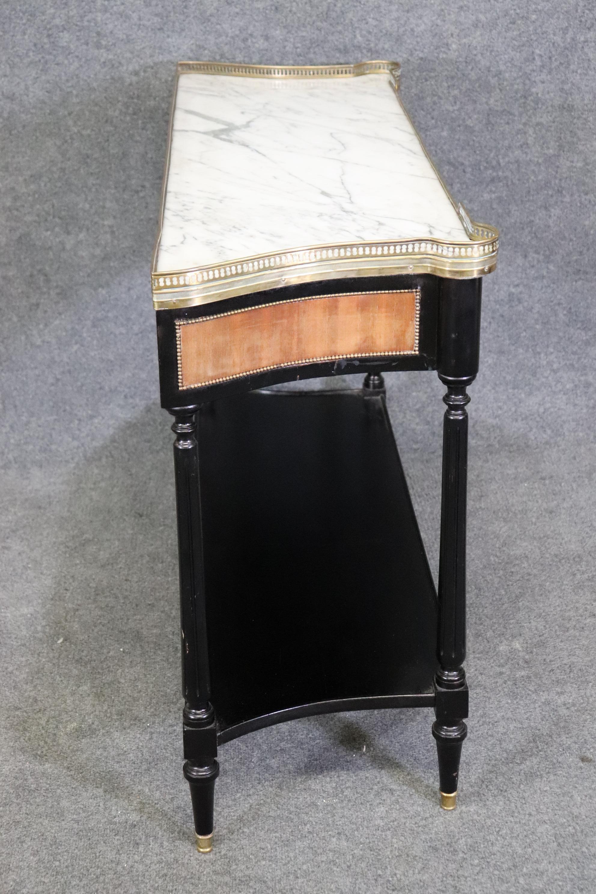 Ebonized Walnut Brass Trimmed French louis XVI Marble Top Console Table For Sale 4