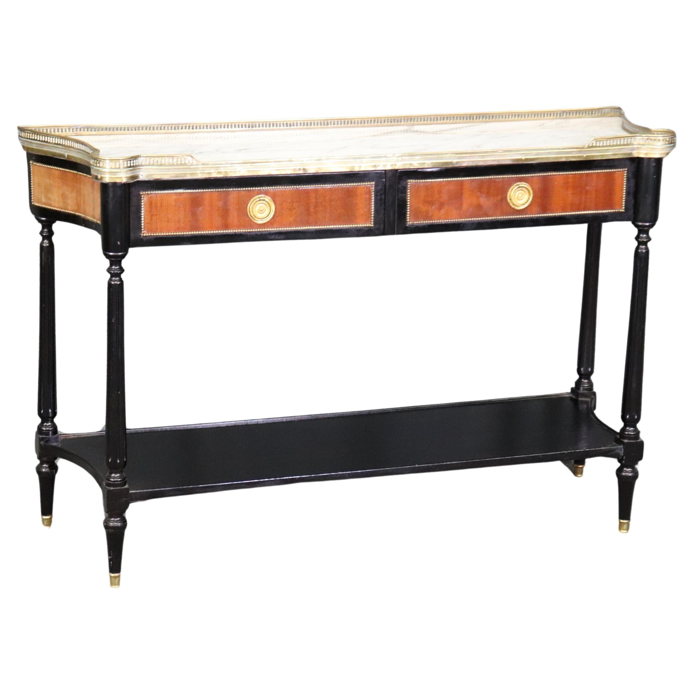 Ebonized Walnut Brass Trimmed French louis XVI Marble Top Console Table For Sale