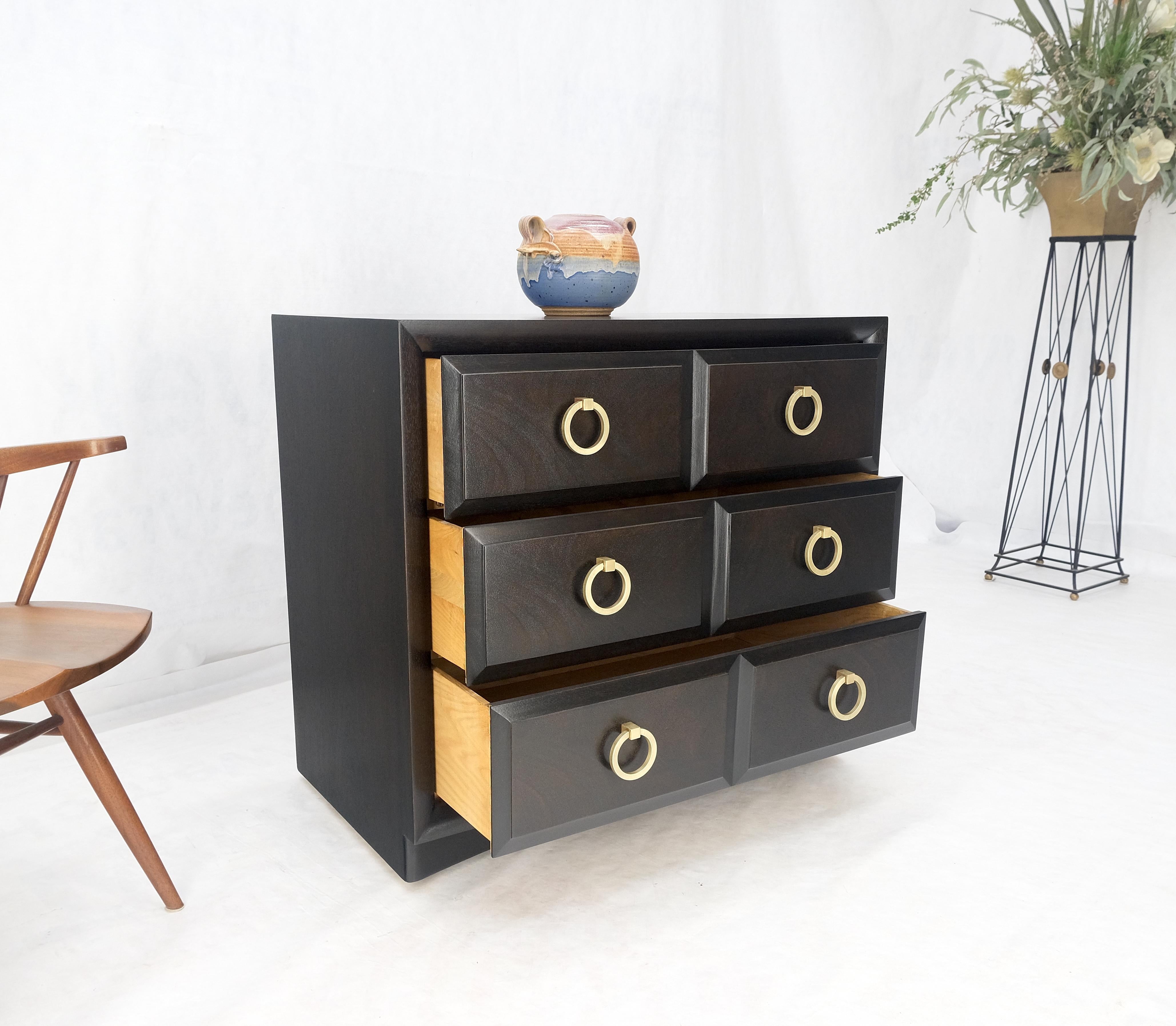 Lacquered Ebonized Walnut Large Gold Rings Drop Pulls 3 Drawer Bachelor Chest MINT! For Sale
