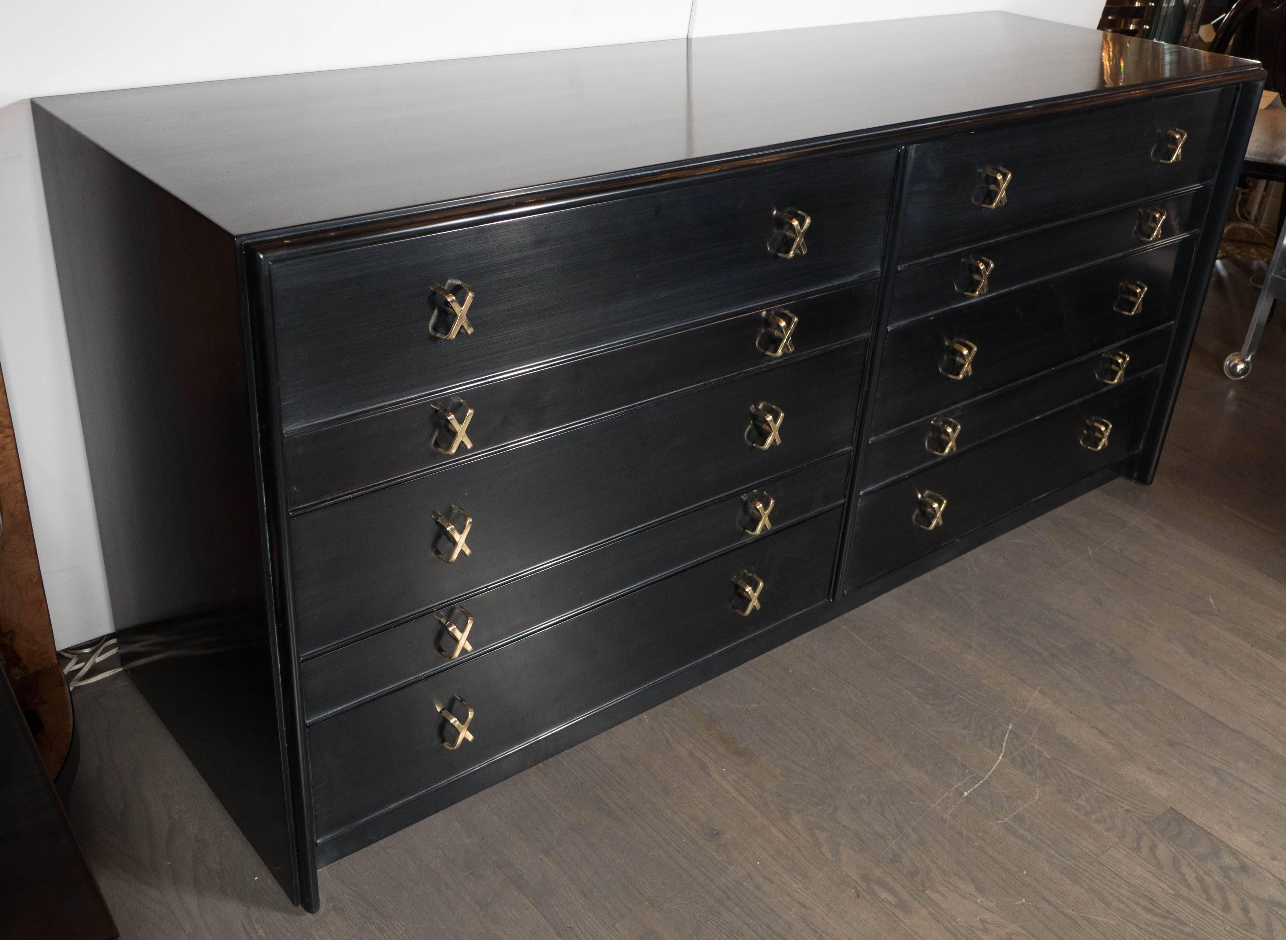 Mid-Century Modern Ebonized Walnut Ten-Drawer Dresser with Brass 