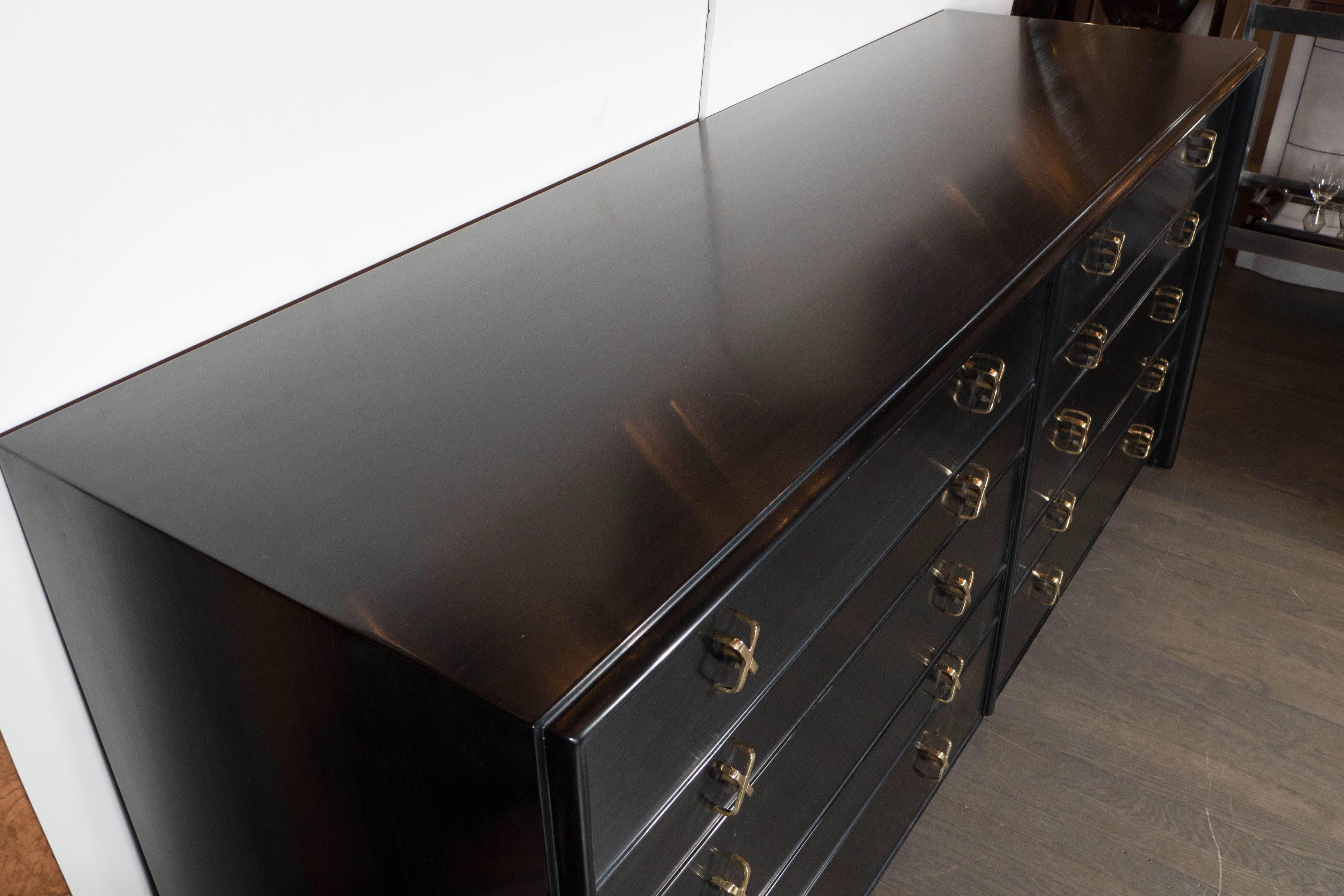 American Ebonized Walnut Ten-Drawer Dresser with Brass 