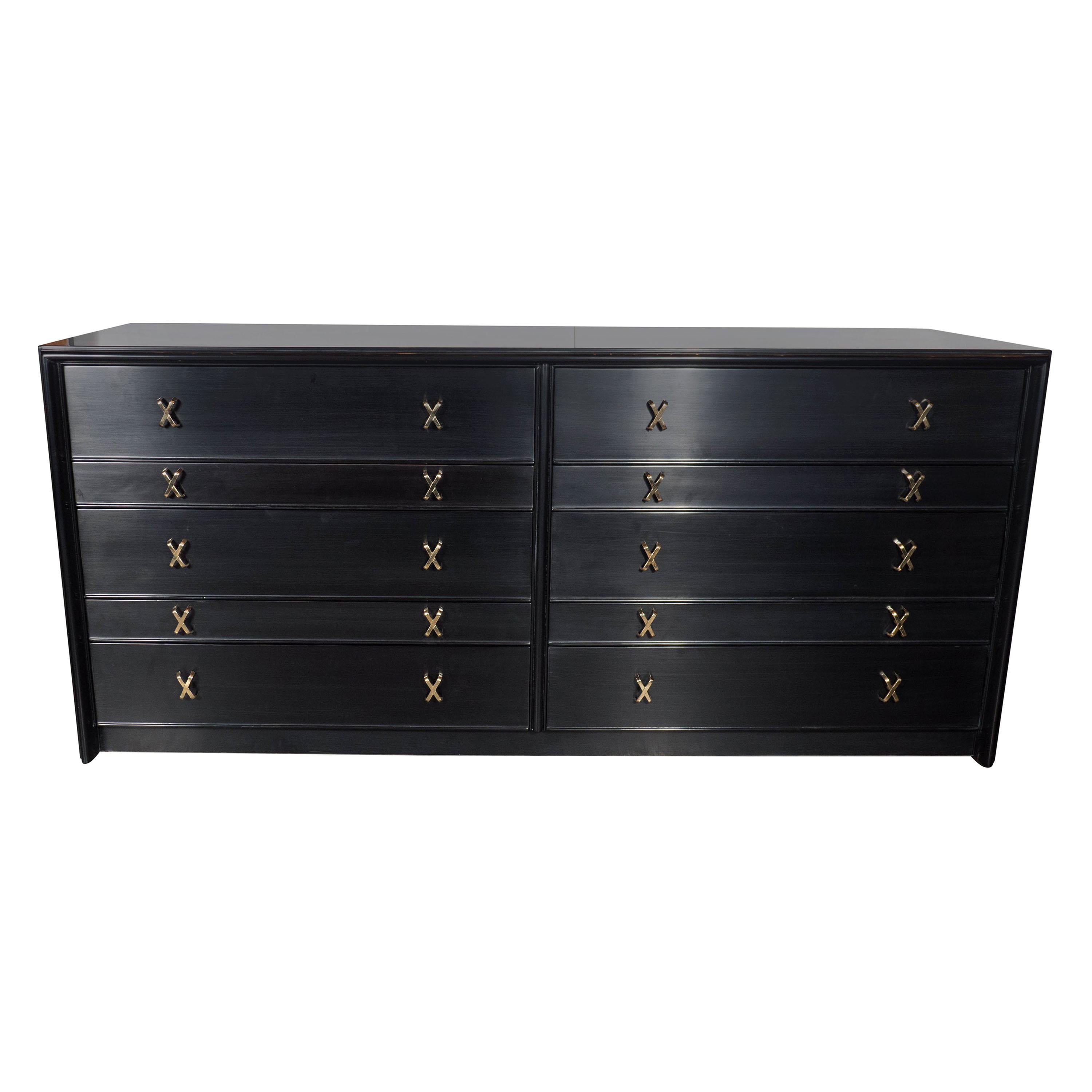 Ebonized Walnut Ten-Drawer Dresser with Brass "X" Fittings by Paul Frankl