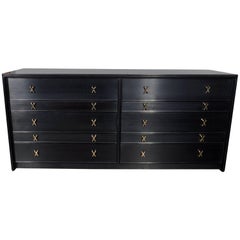 Ebonized Walnut Ten-Drawer Dresser with Brass "X" Fittings by Paul Frankl