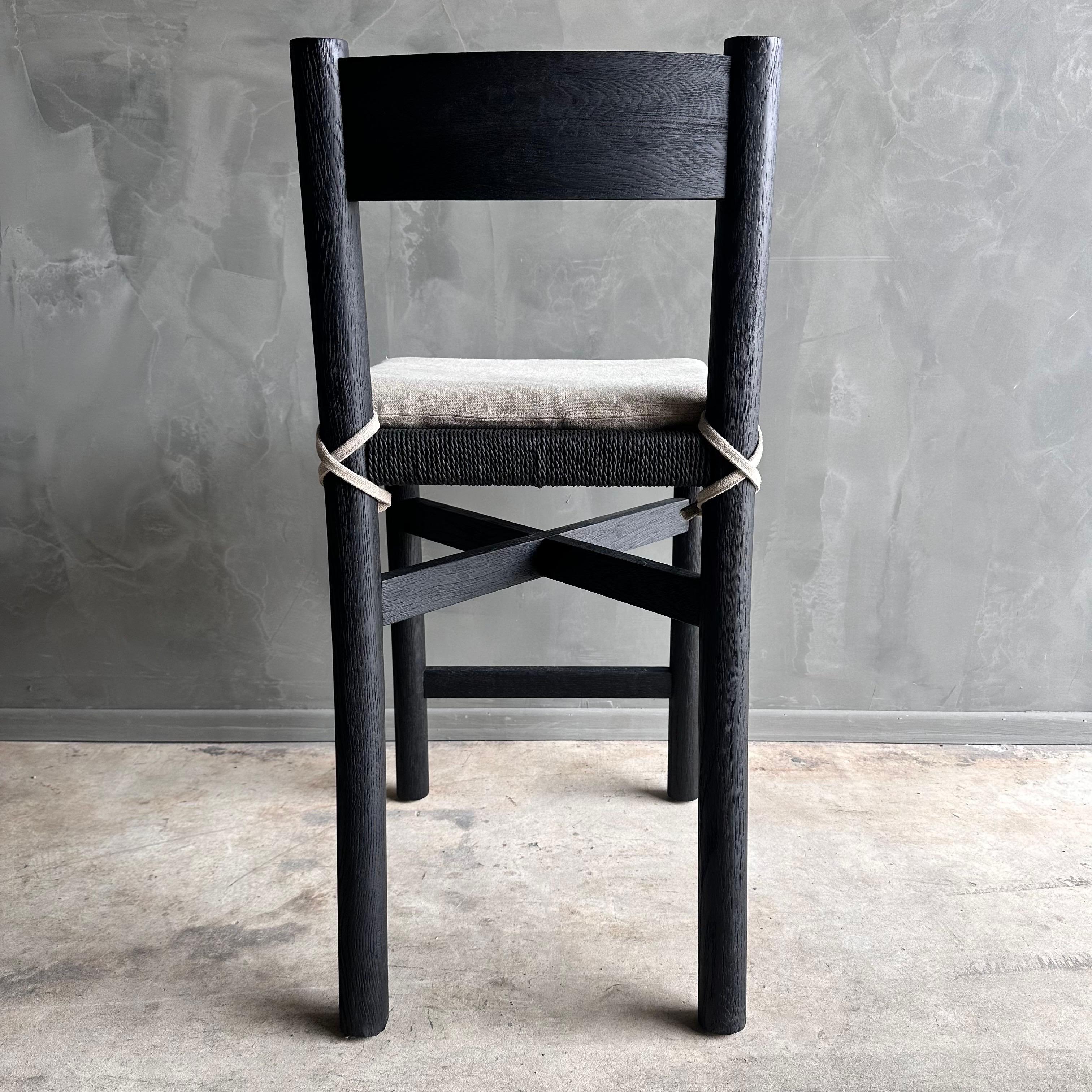 Organic Modern Ebonized White Oak Counter Stool with Woven Seat and Linen Cushion For Sale