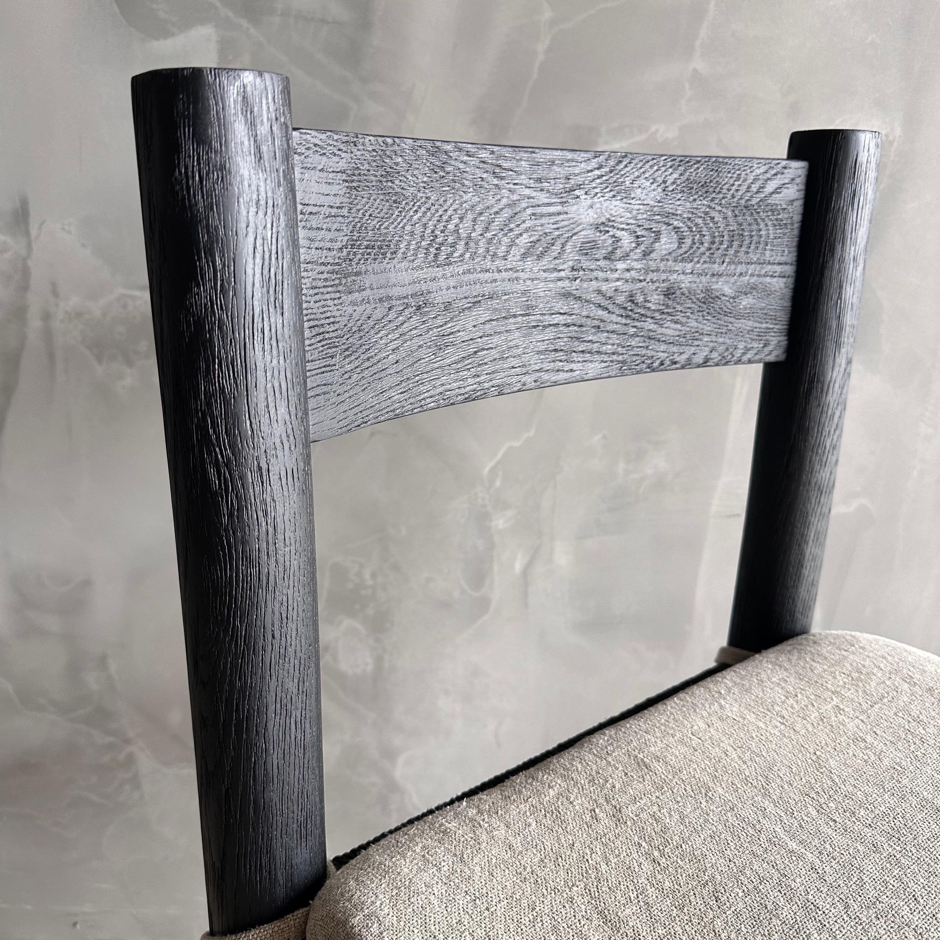 Ebonized White Oak Counter Stool with Woven Seat and Linen Cushion For Sale 1