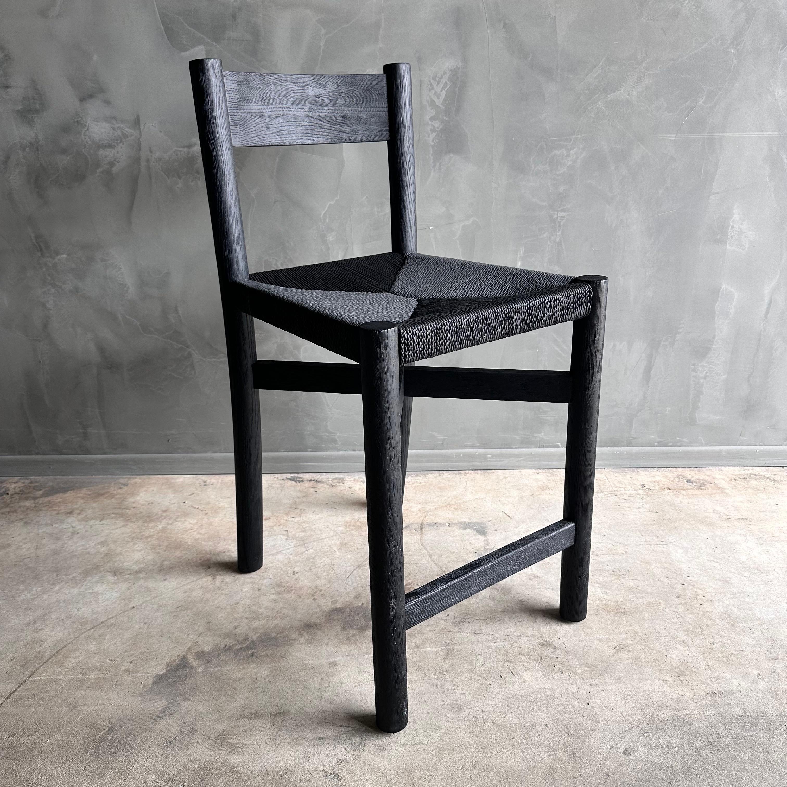 Ebonized White Oak Counter Stool with Woven Seat and Linen Cushion For Sale 3
