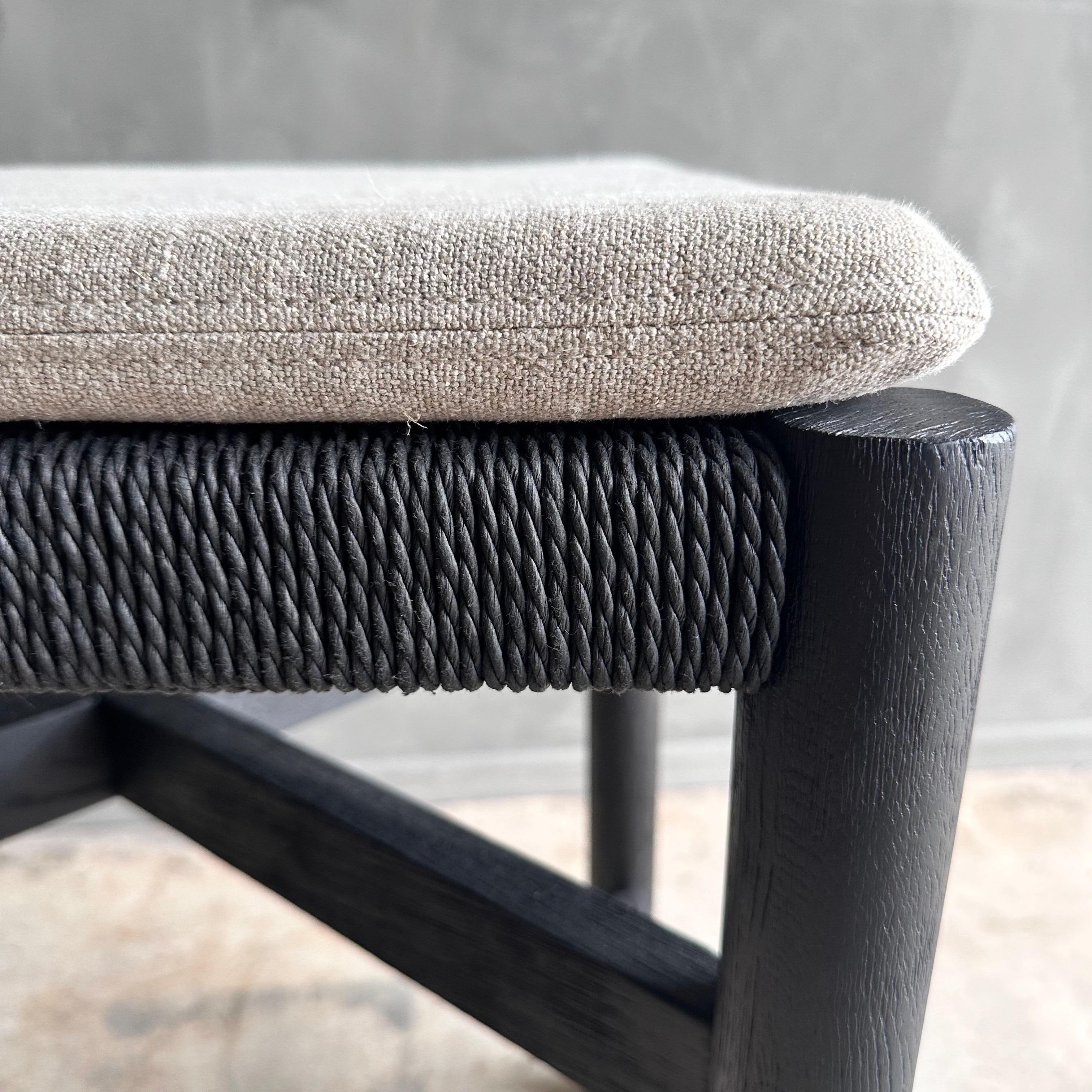 Ebonized White Oak Counter Stool with Woven Seat and Linen Cushion For Sale 4