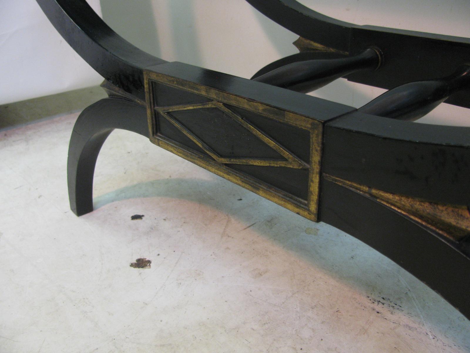 Mid Century Ebonized with Gilt Top Carved Base Console Tables 4