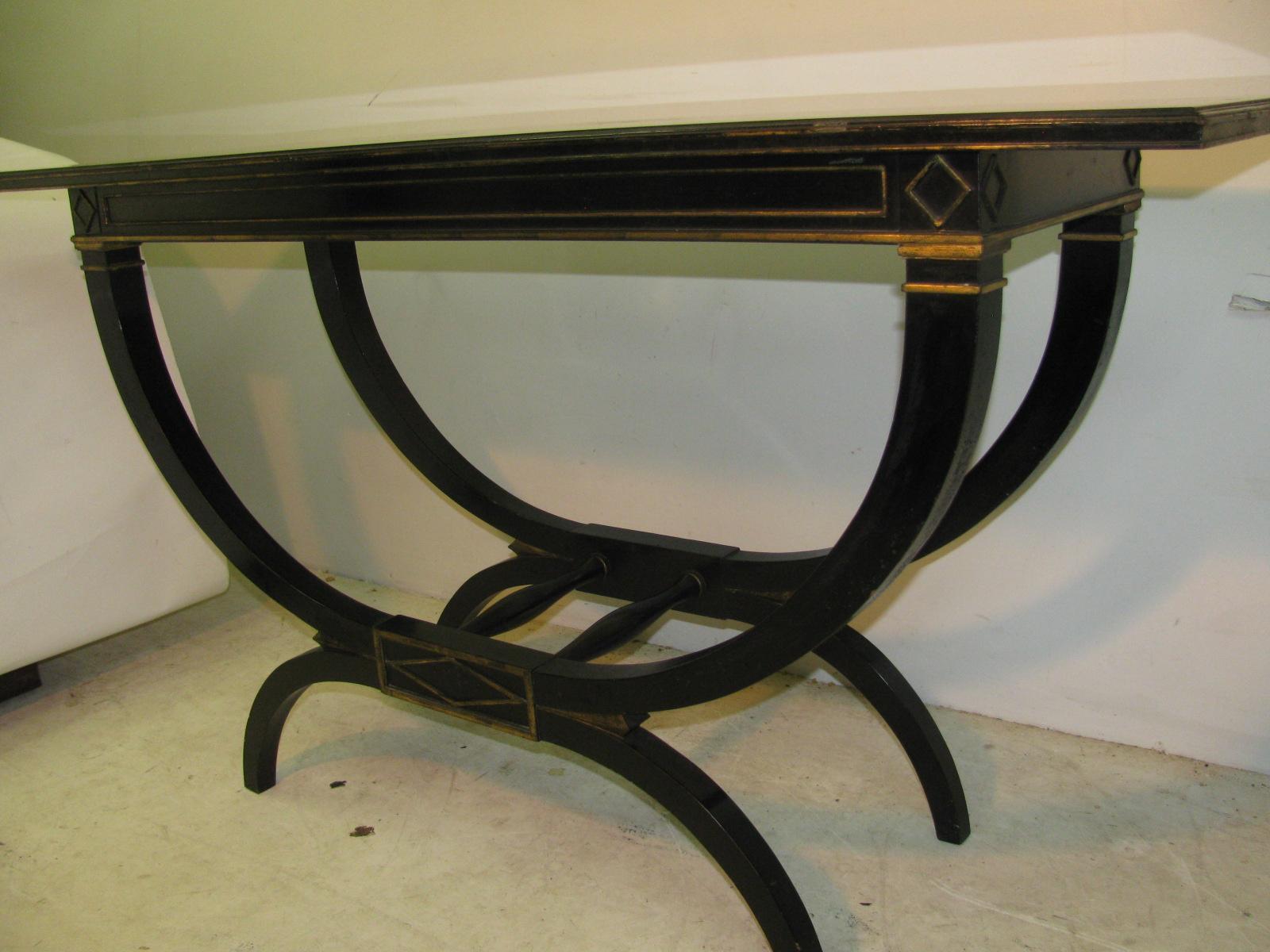 Mid Century Ebonized with Gilt Top Carved Base Console Tables 6