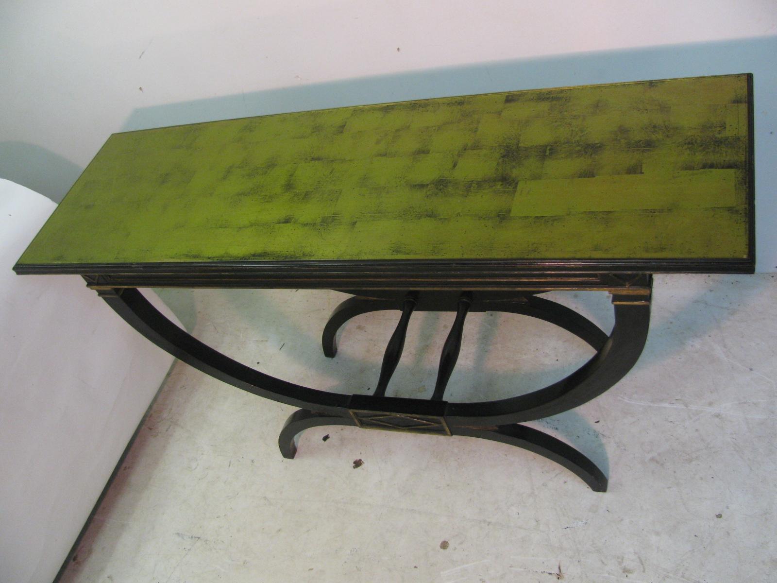 Mid Century Ebonized with Gilt Top Carved Base Console Tables 7