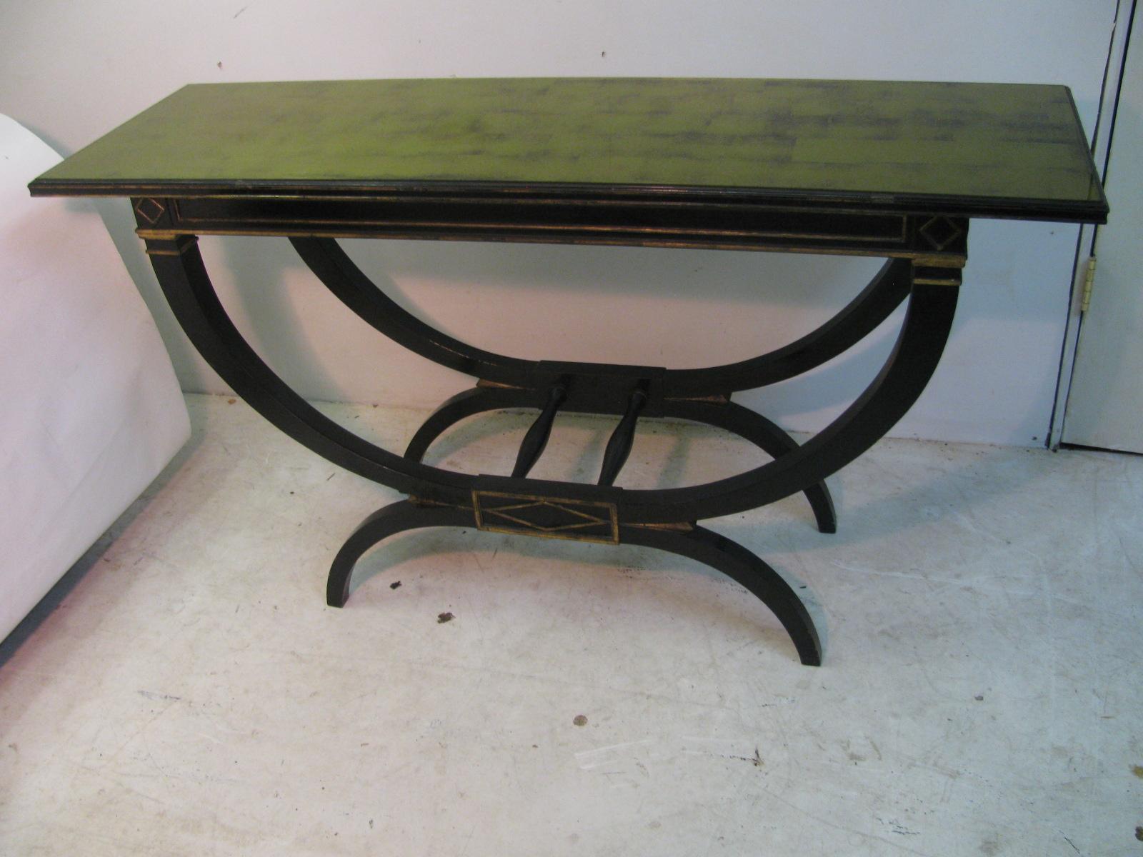 Mid Century Ebonized with Gilt Top Carved Base Console Tables 8