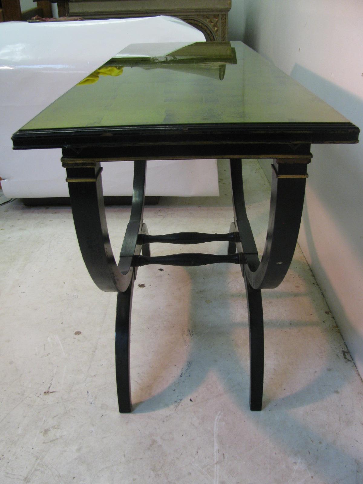 Mid Century Ebonized with Gilt Top Carved Base Console Tables 9