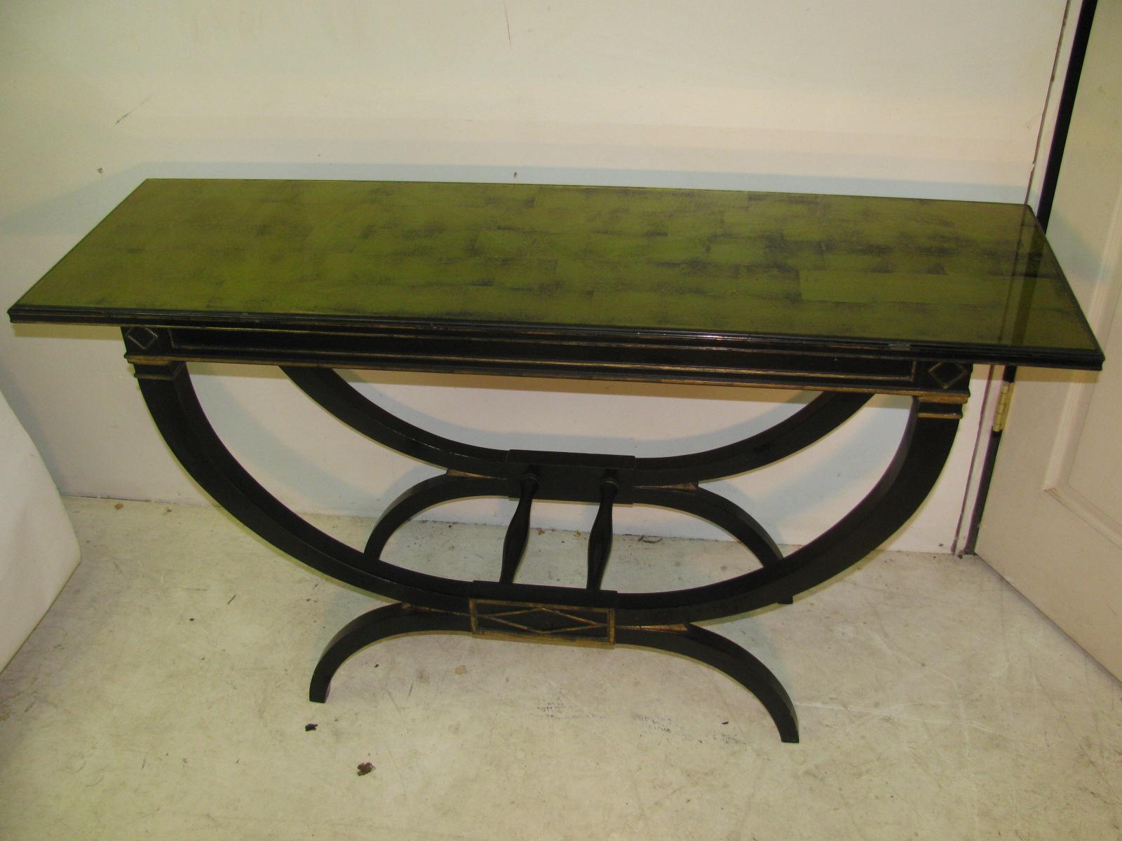 Greco Roman Mid Century Ebonized with Gilt Top Carved Base Console Tables