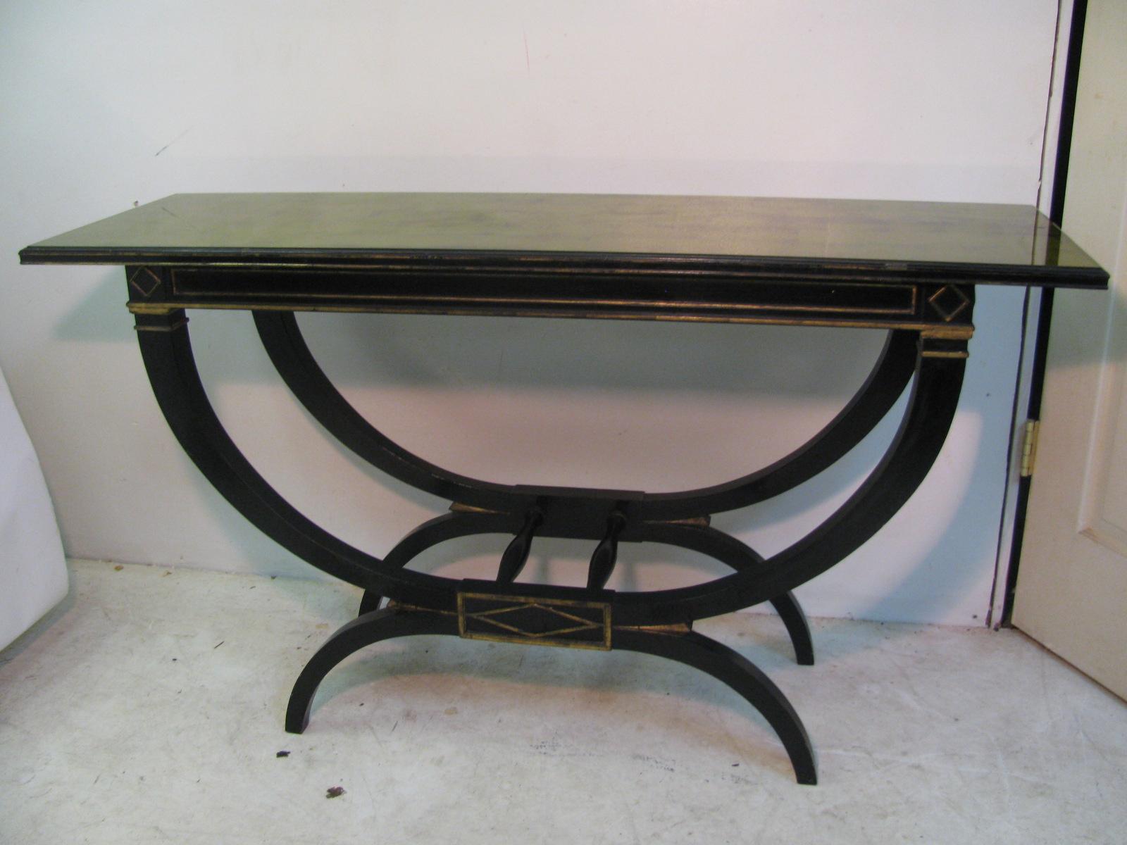 American Mid Century Ebonized with Gilt Top Carved Base Console Tables