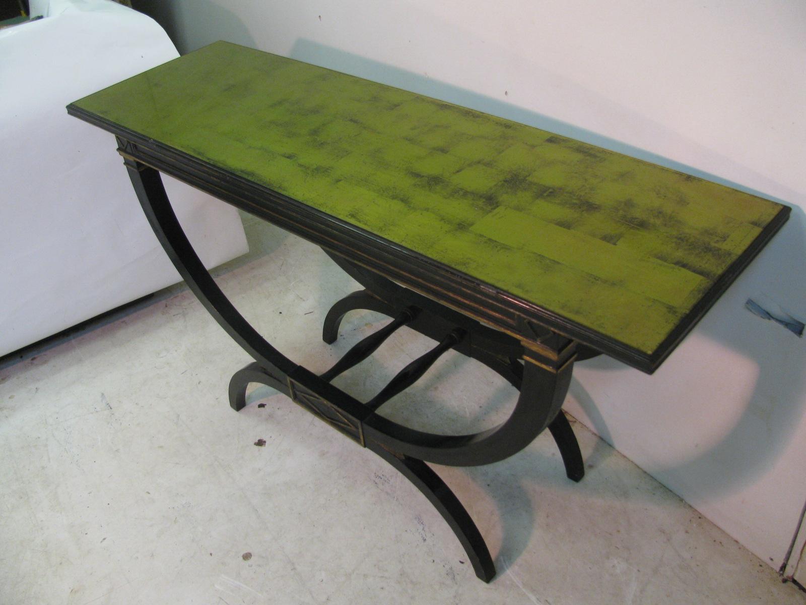 Mid-20th Century Mid Century Ebonized with Gilt Top Carved Base Console Tables