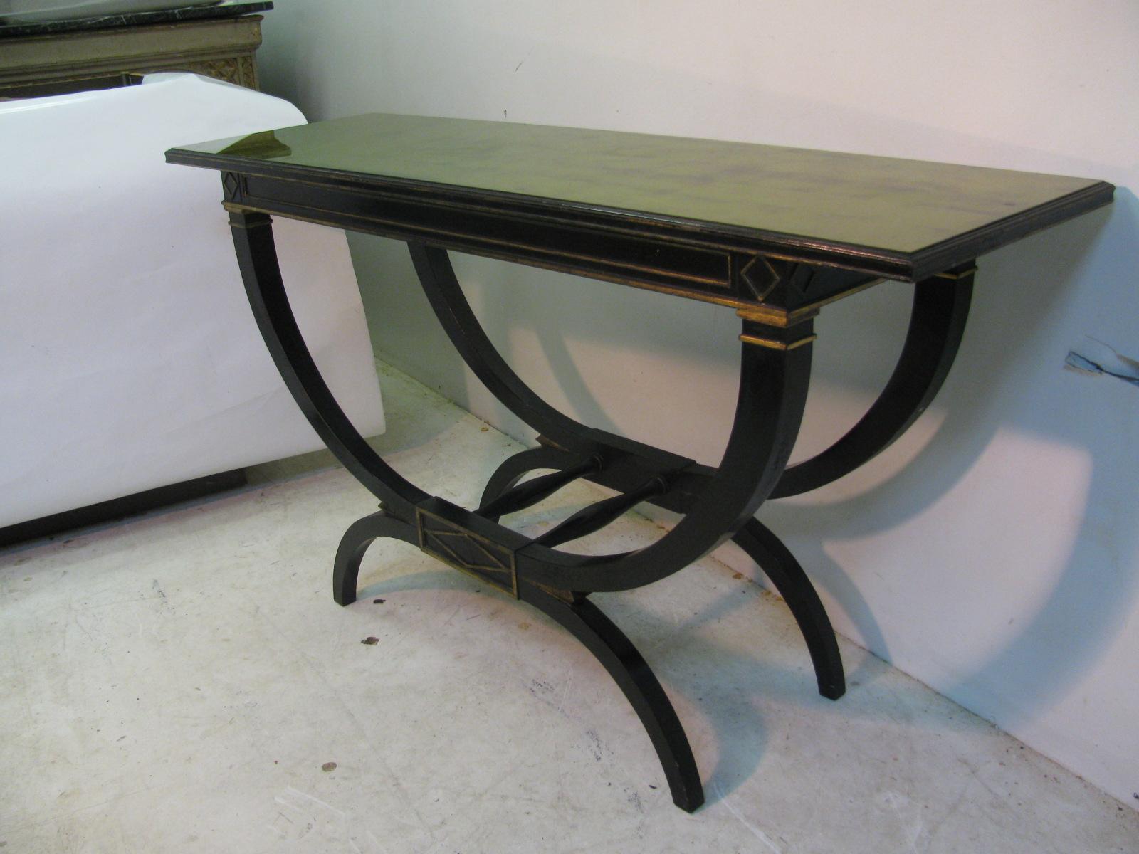 Hardwood Mid Century Ebonized with Gilt Top Carved Base Console Tables