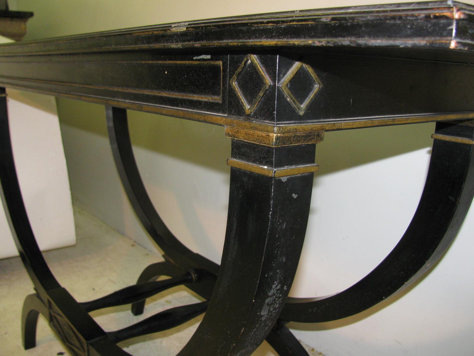 Mid Century Ebonized with Gilt Top Carved Base Console Tables 2