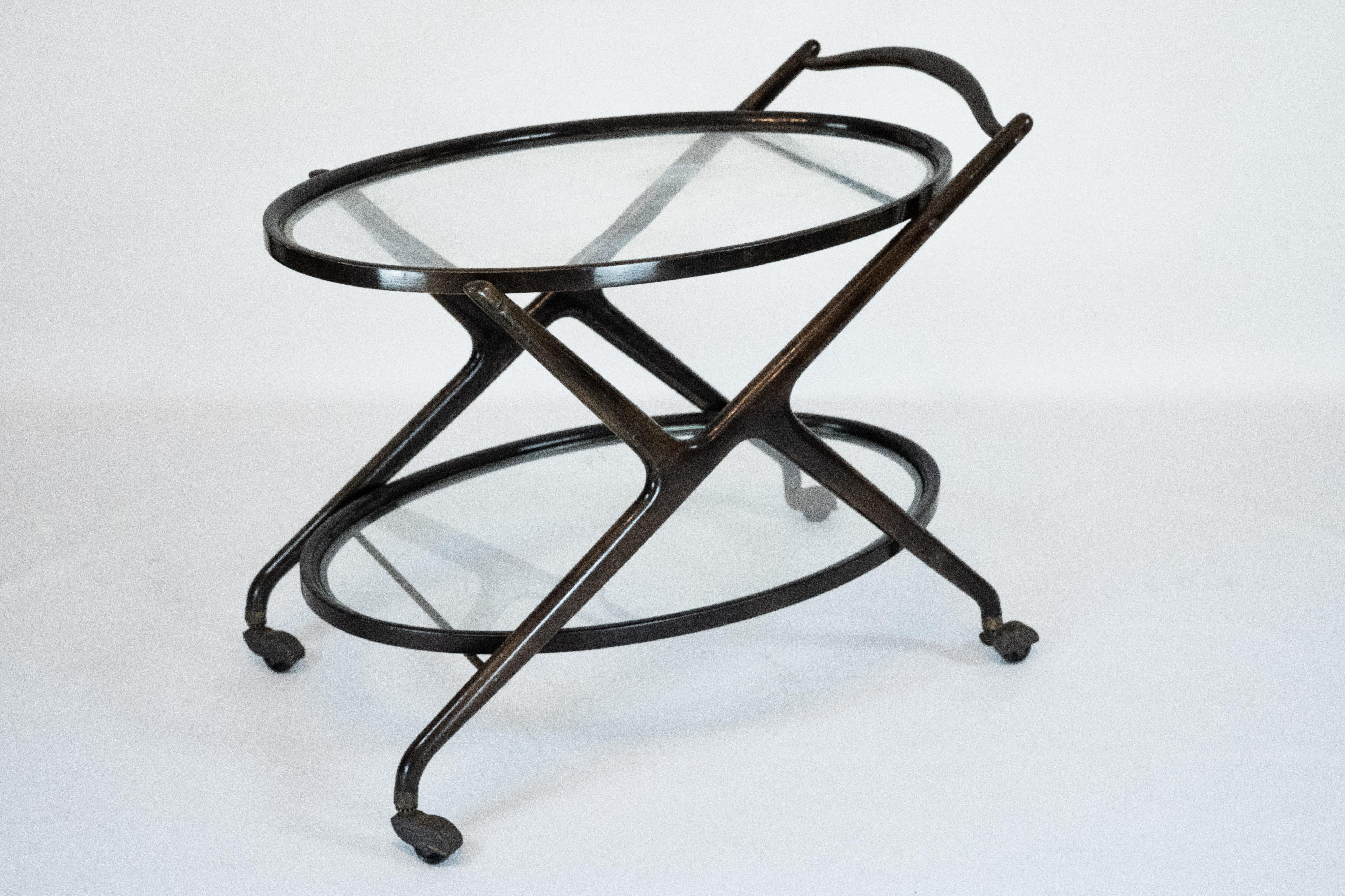 Chariot de bar en bois ébonisé et verre par Cesare Lacca, Italie années 1950 Bon état - En vente à Catania, CT
