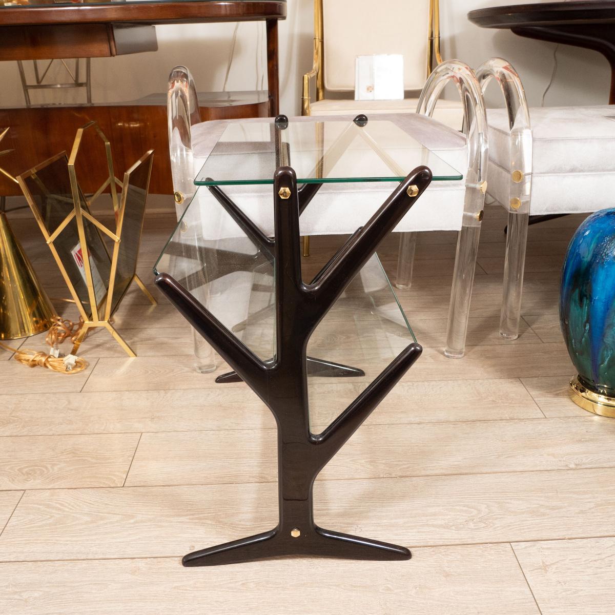 Italian Ebonized Wood and Glass Side Table / Magazine Rack For Sale