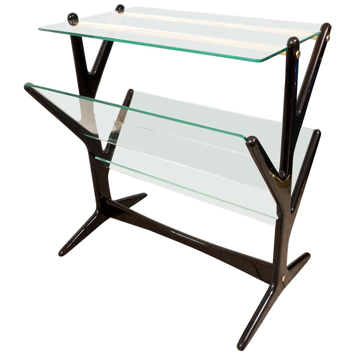 Ebonized Wood and Glass Side Table / Magazine Rack For Sale