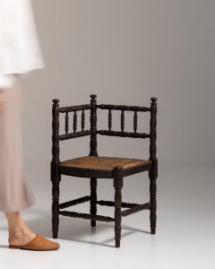 Ebonized Wood Corner Chair with Rush Seat, French, 20th Century Design