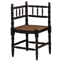 Ebonized Wood Corner Chair with Rush Seat, French, 20th Century Design