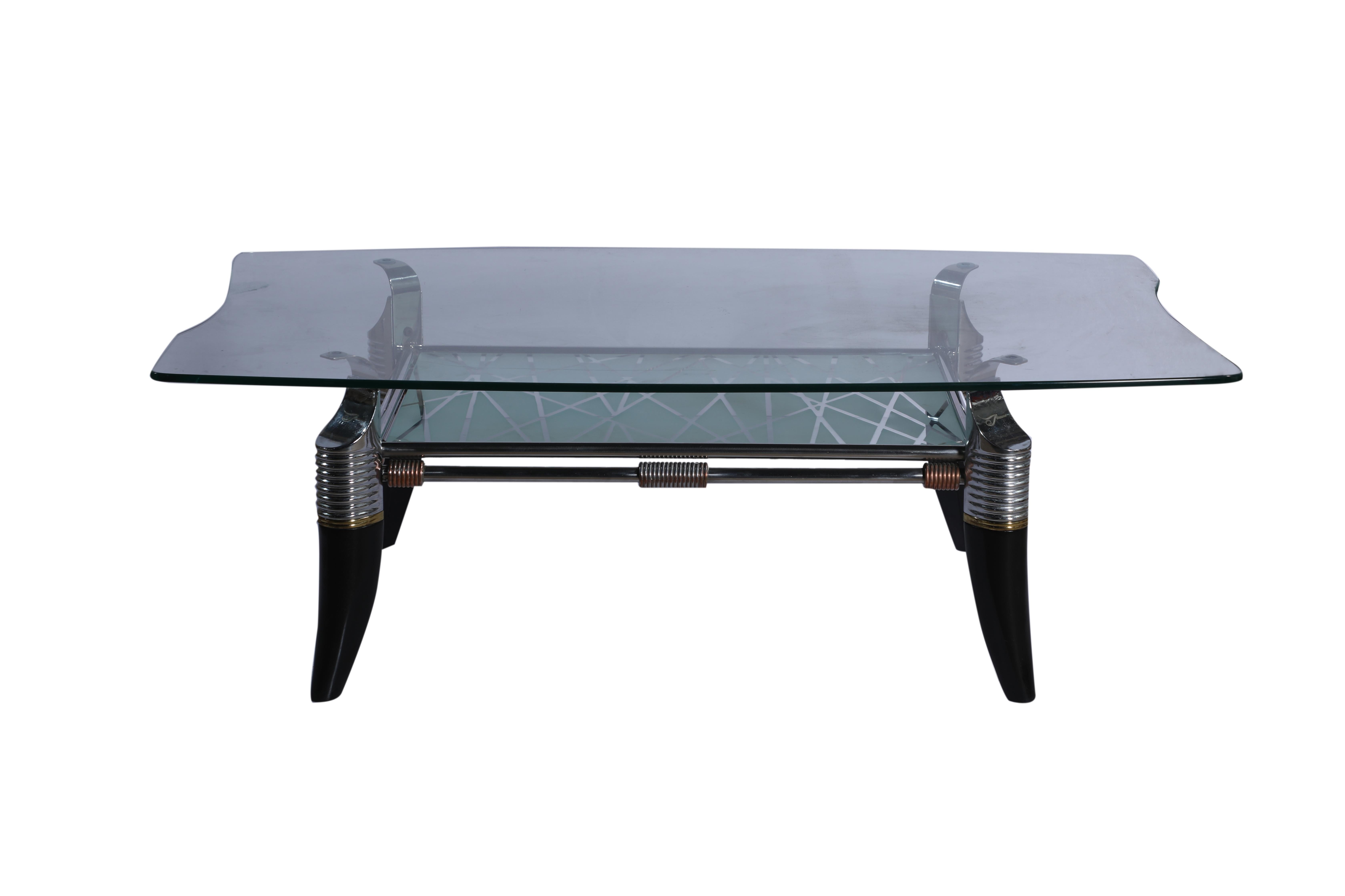 20th Century Ebonized Wood, Glass and Chrome Coffee Table, Mid-Century Modern For Sale