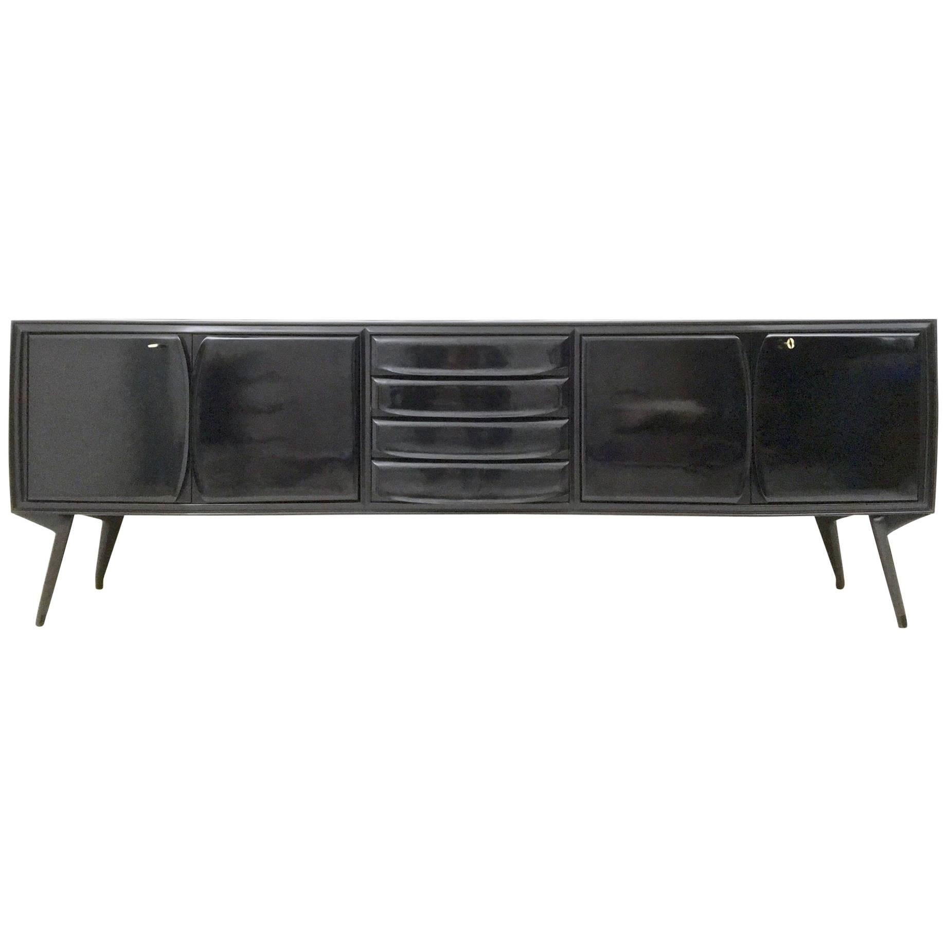 Ebonized Wood Sideboard with Black Opaline Glass Top, Italy, 1950s